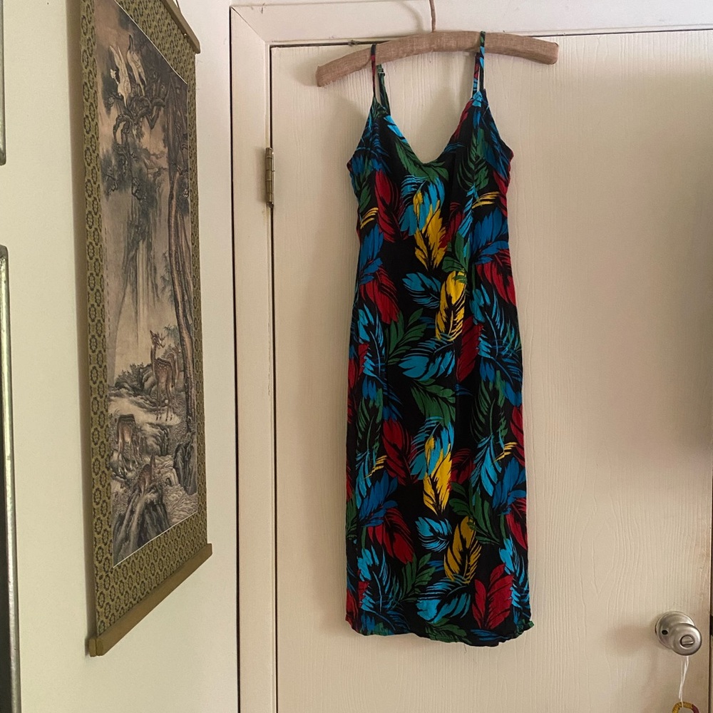 90s Crepe tropical Hawaiian rayon spaghetti strap slip dress S